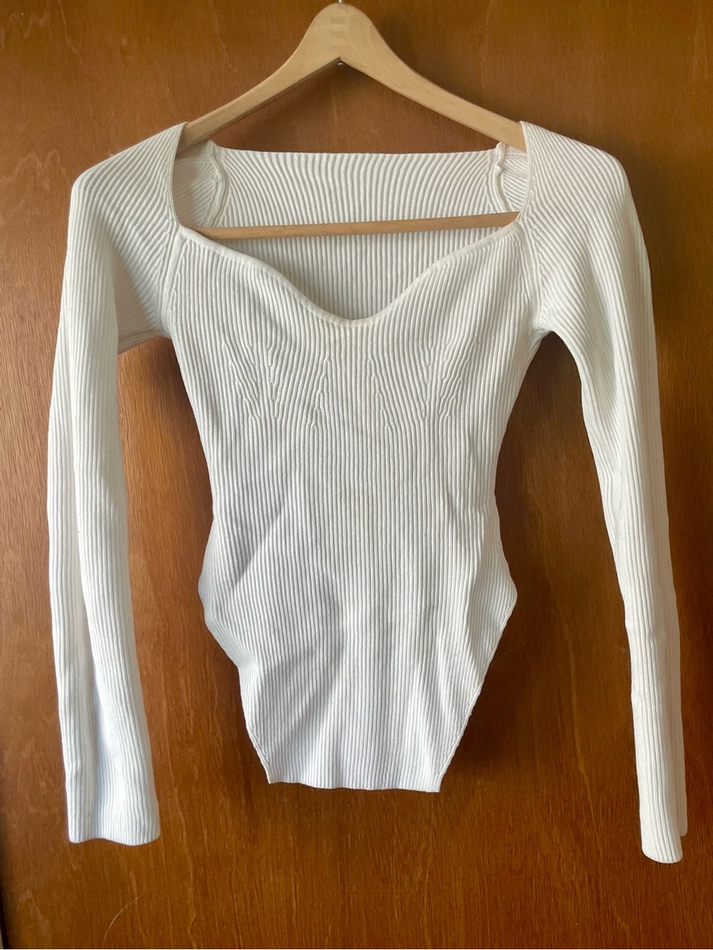Ribbed Sweetheart Neck White Long-Sleeve Sweater